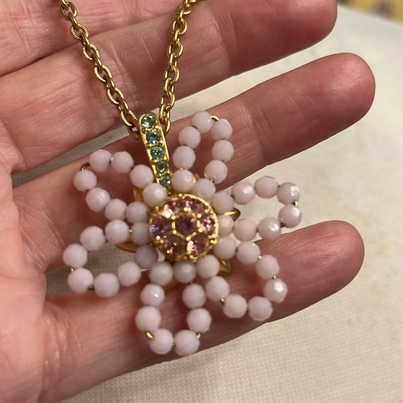 Sparkly Swarovski pink glass bead Crystal & green crystal flower necklace w/ tag - Picture 12 of 16